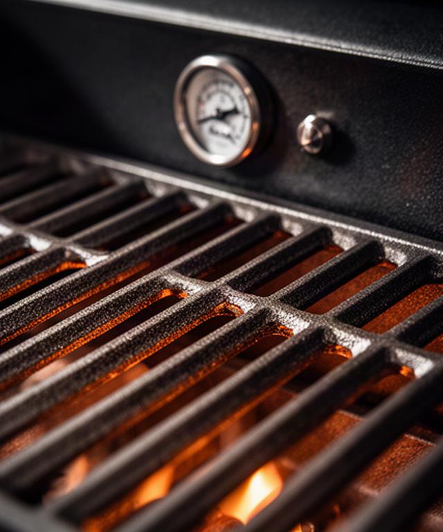 Nahaufnahme eines gusseisernen Grillrosts mit präziser Temperaturanzeige und warmem Grilllicht