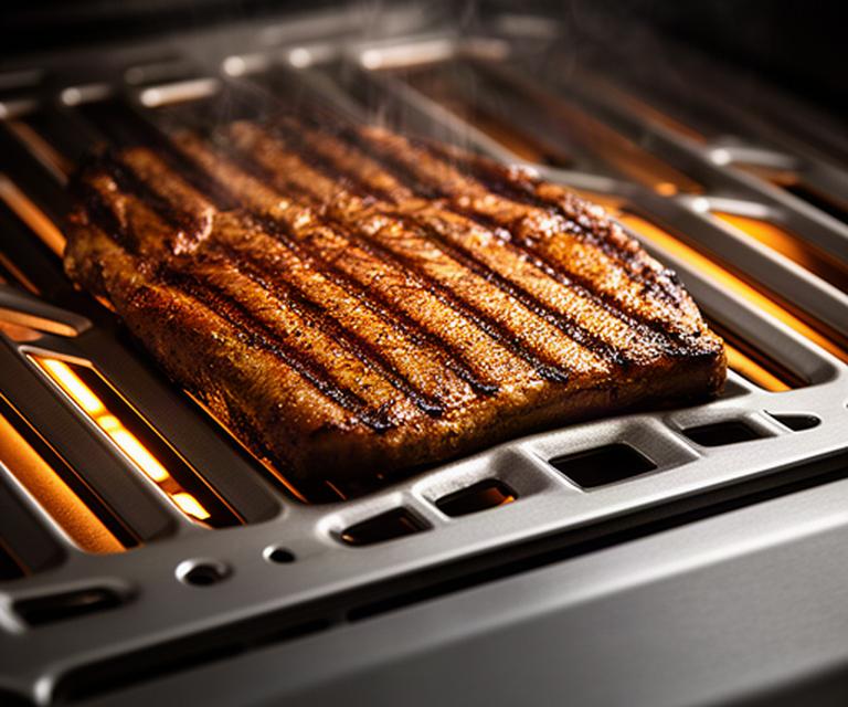 Nahaufnahme eines hochwertigen Grillrosts mit präzisen Brennern und gebräunten Grillstreifen