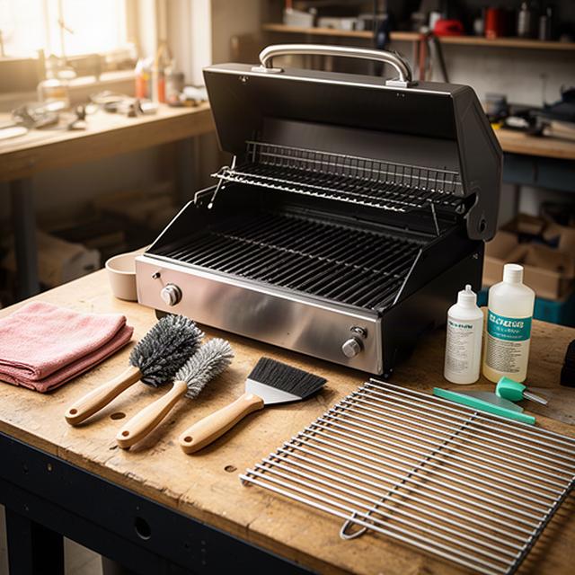 Gereinigter Grill mit Bürsten, Pflegeöl und Zubehör auf einer Werkbank