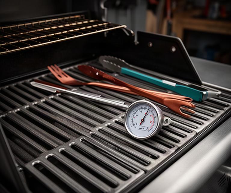 Detailansicht eines hochwertigen Grillrosts mit Thermometer und sauber angeordneten Grillutensilien