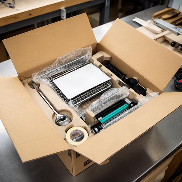Sorgfältig verpacktes Grillzubehör mit Schutzmaterial und Versandetikett in einer Werkstatt
