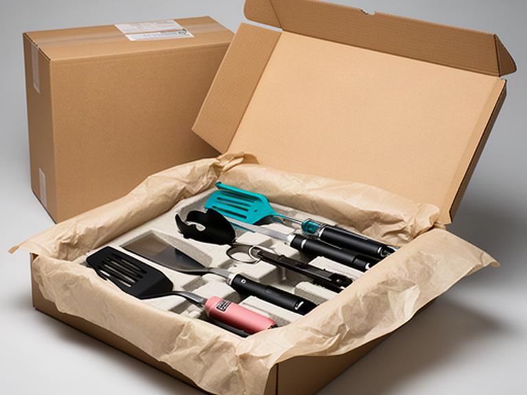 Sorgfältig verpacktes Versandpaket mit Grillzubehör, Polstermaterial und beschriftetem Versandkarton