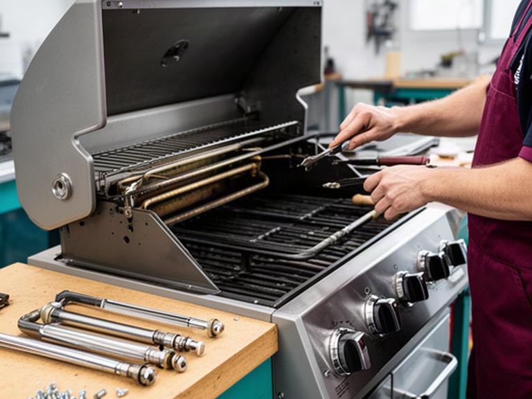 Geöffneter Gasgrill in der Werkstatt mit ausgebautem Brenner und bereitliegenden Ersatzteilen