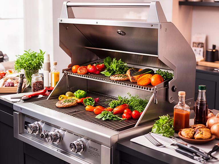 Helle Grillwerkstatt mit offenem Gourmetgrill, frischen Zutaten und sauberem Edelstahlrost