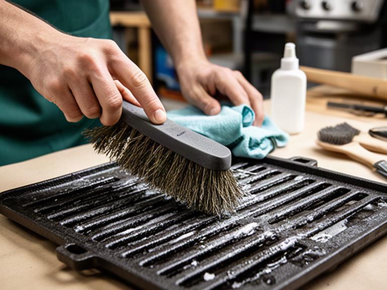 Grillrost bei der gründlichen Reinigung mit Bürste und Pflegemittel im Ladenbereich