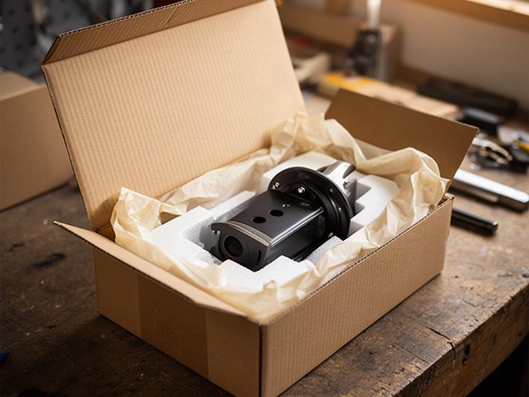 Sorgfältig verpacktes Grill-Ersatzteil in einem Versandkarton auf einer Werkbank