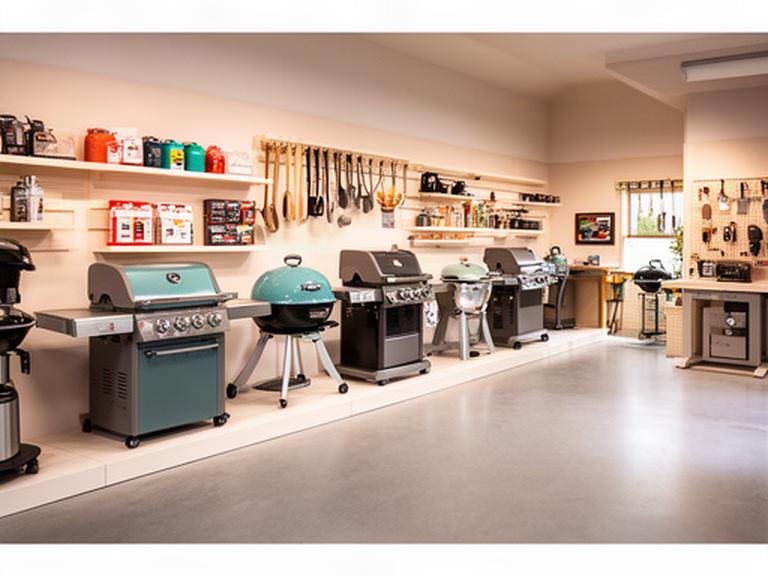 Helle BBQ-Werkstatt mit mehreren Grillmodellen und Zubehör an einer Ausstellungswand
